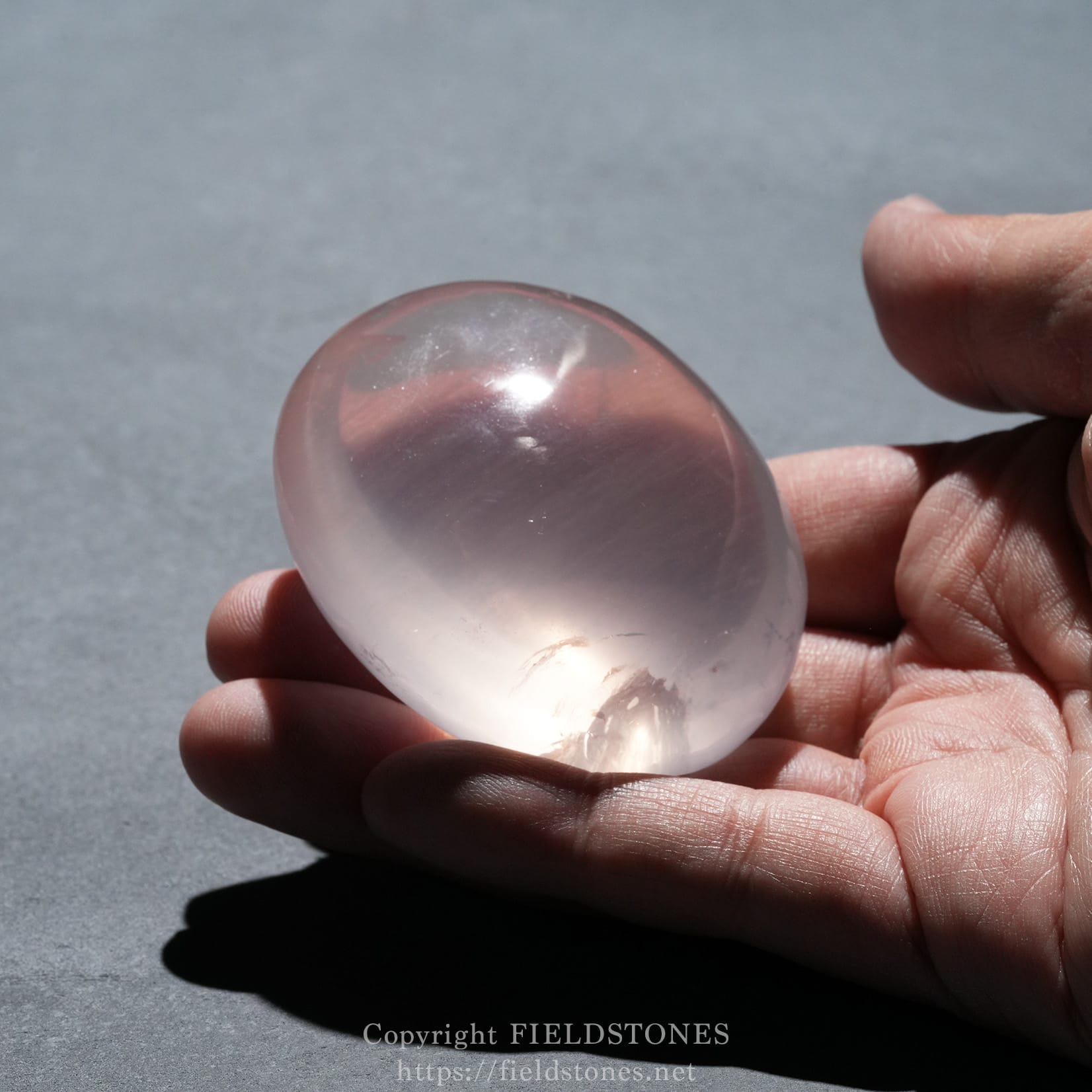 6740-12 - FieldStones Close-up of a smooth pink rose quartz pebble held between fingertips outdoors against a gray surface